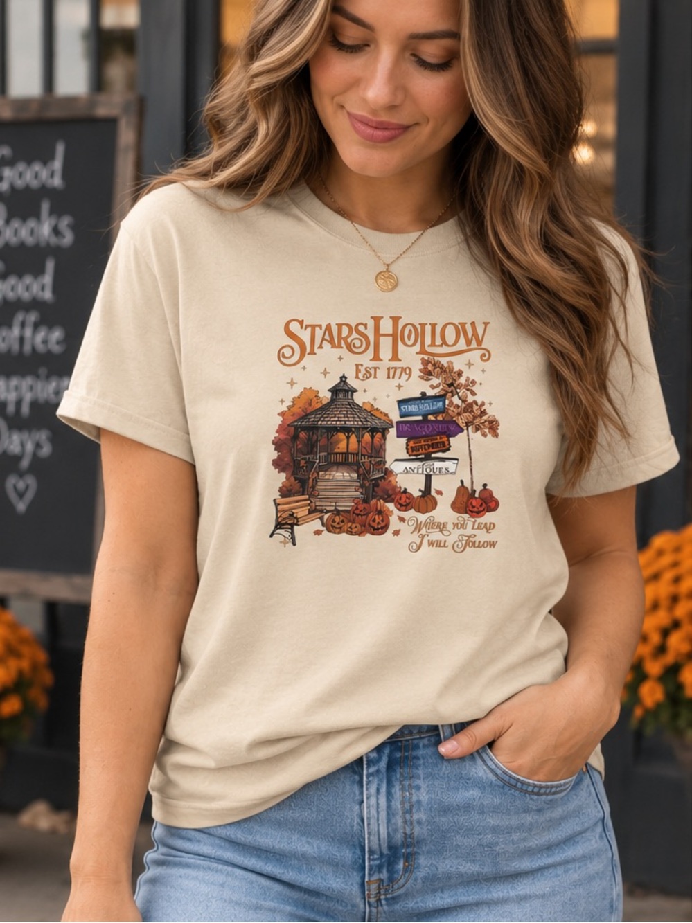 Stars Hollow Beige Graphic Tee - Women's Autumn Top